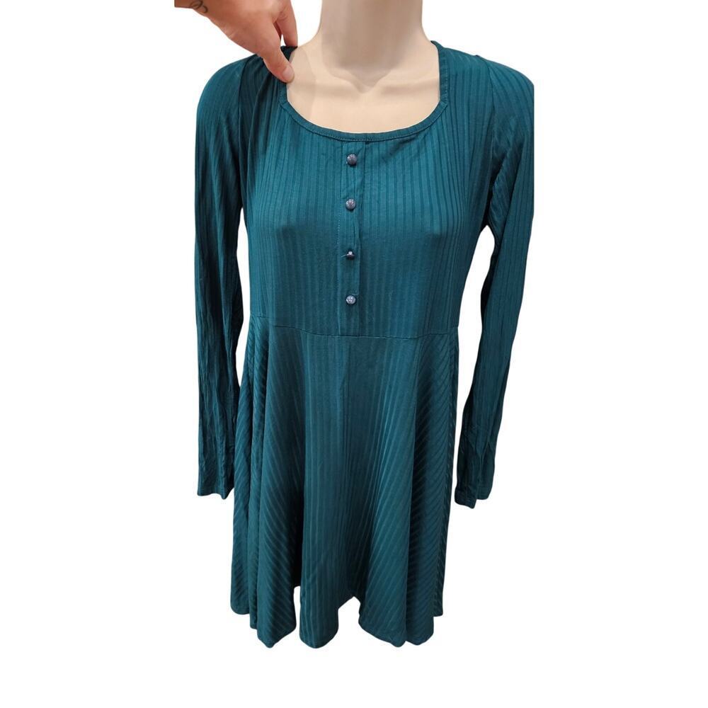 Lulus sz L teal green square neck babydoll dress casual long sleeve winter shift